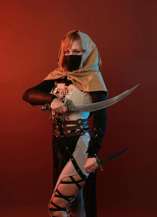 a woman in a costume holding a sword, cgsociety contest winner, wearing bandit mask, instagram picture, avatar image, no cropping