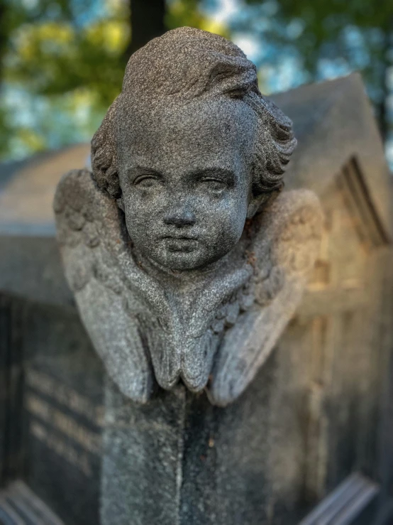 a close up of a statue of a child, winged head, tombstone, looking straight into the camera, high forehead