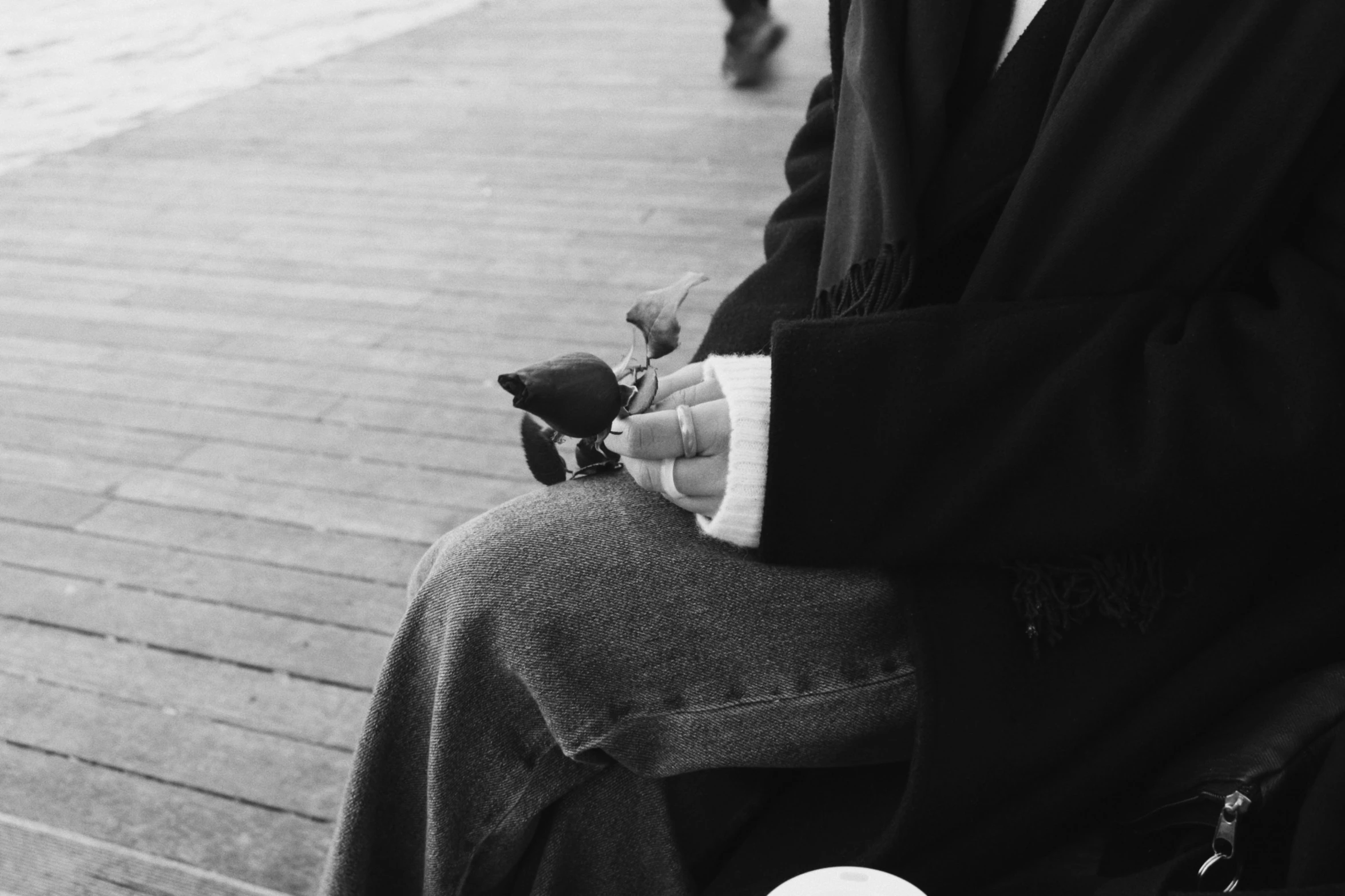 a black and white photo of a person sitting on a bench, a black and white photo, inspired by Ruth Orkin, unsplash, realism, holding a white duck, tea, black hands with black claws, black coat