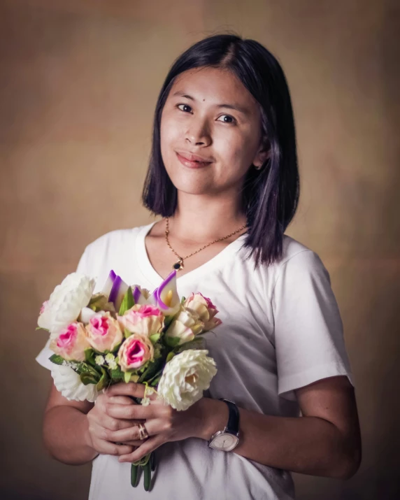 a woman holding a bunch of flowers in her hands, inspired by Ruth Jên, pexels contest winner, passport photo, ruan jia and brom, slightly smiling, engineer