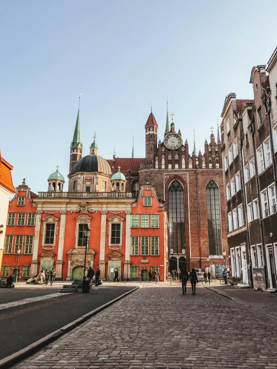 a group of people walking down a street next to tall buildings, renaissance, in legnica city hall, payne's grey and venetian red, half image, square