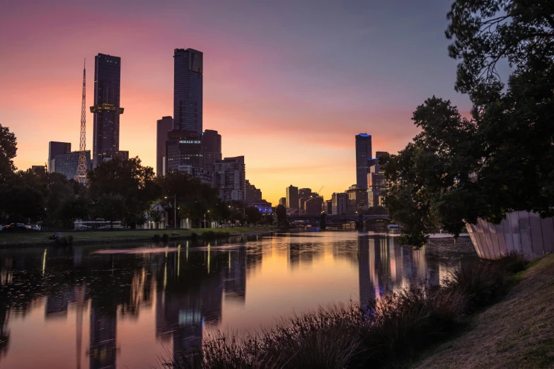 a river running through a lush green park next to tall buildings, a picture, pexels contest winner, australian tonalism, pink sunset, skyline showing, canals, drinking