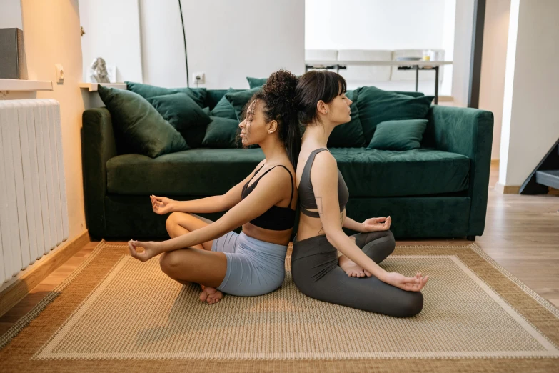 two women sitting on the floor doing yoga, a cartoon, trending on pexels, hurufiyya, sitting on a couch, acupuncture treatment, wearing a cropped tops, attractive photo