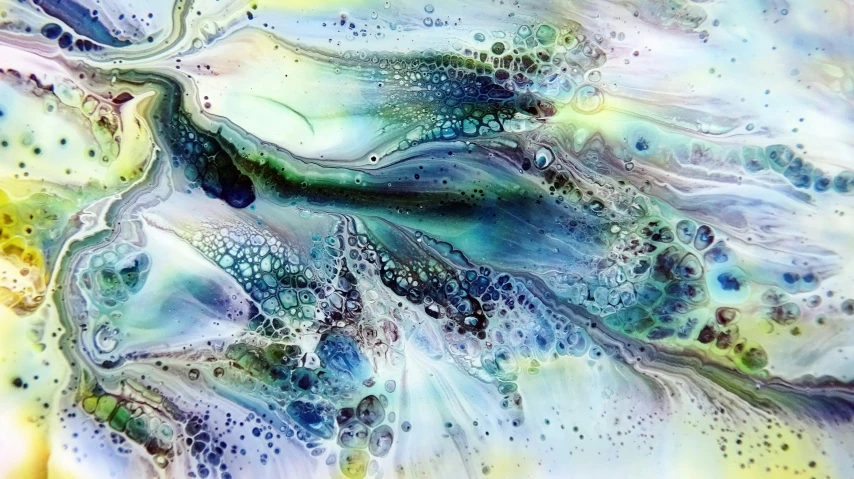 a close up of a painting of water and bubbles, iridescent fractal, ink and colours on silk, saatchi art, sea foam
