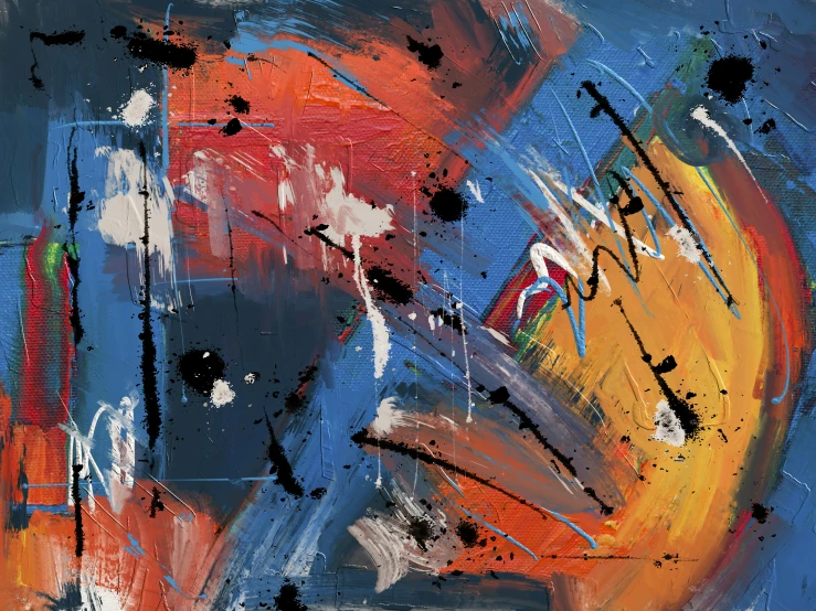 a close up of a painting on a wall, abstract expressionism, some orange and blue, full of colour 8-w 1024, georges mathieu, night mood