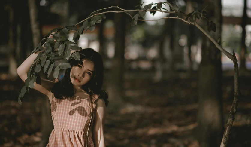 a young girl holding a branch over her head, pexels contest winner, aestheticism, young woman in a dress, young asian woman, hides in the shadows of trees, retro stylised