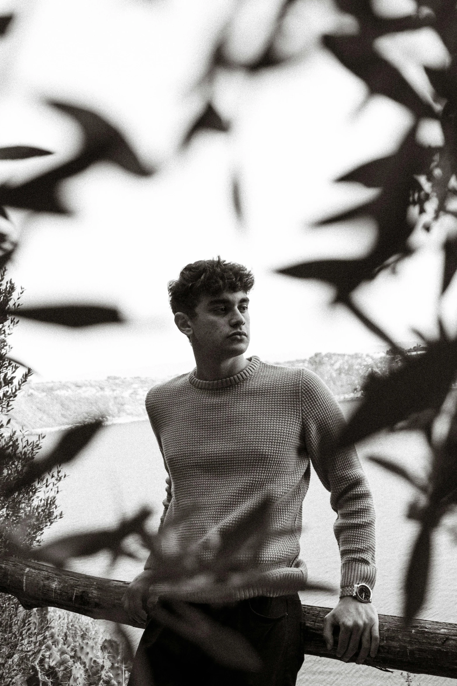 a black and white photo of a man leaning on a fence, inspired by John Luke, riccardo scamarcio, amongst foliage, on a lake, wearing a sweater