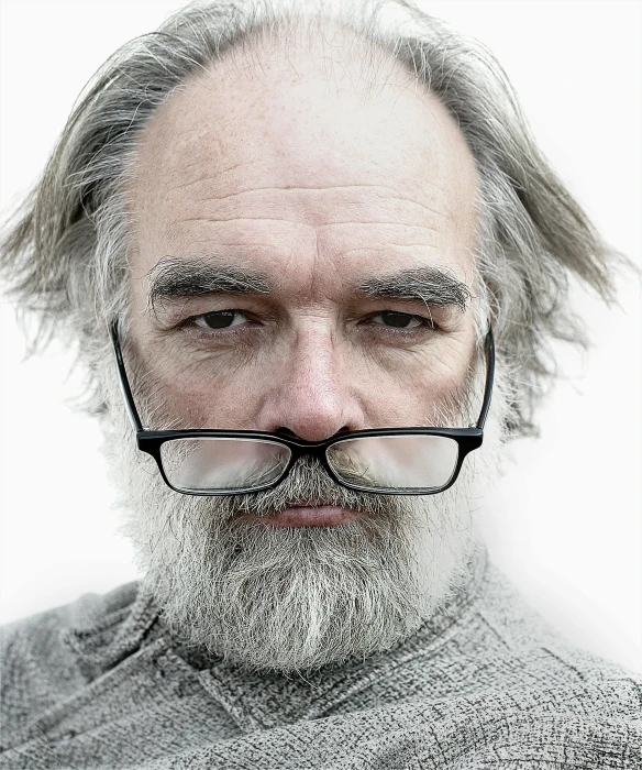 a close up of a man with glasses and a beard, by Andrew Geddes, equirectangular, grey beard, disheveled, paul davey