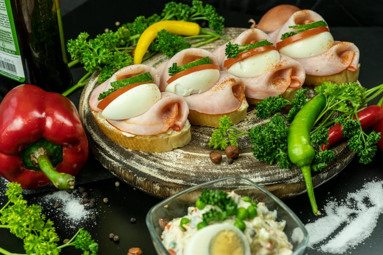 a close up of a plate of food on a table, inspired by Károly Patkó, high quality product image”, background image, nikolay georgiev, sandwich