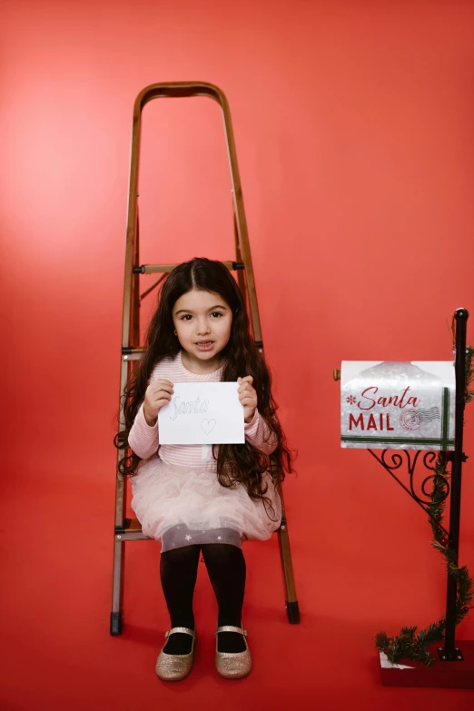 a little girl holding a paper near an easel