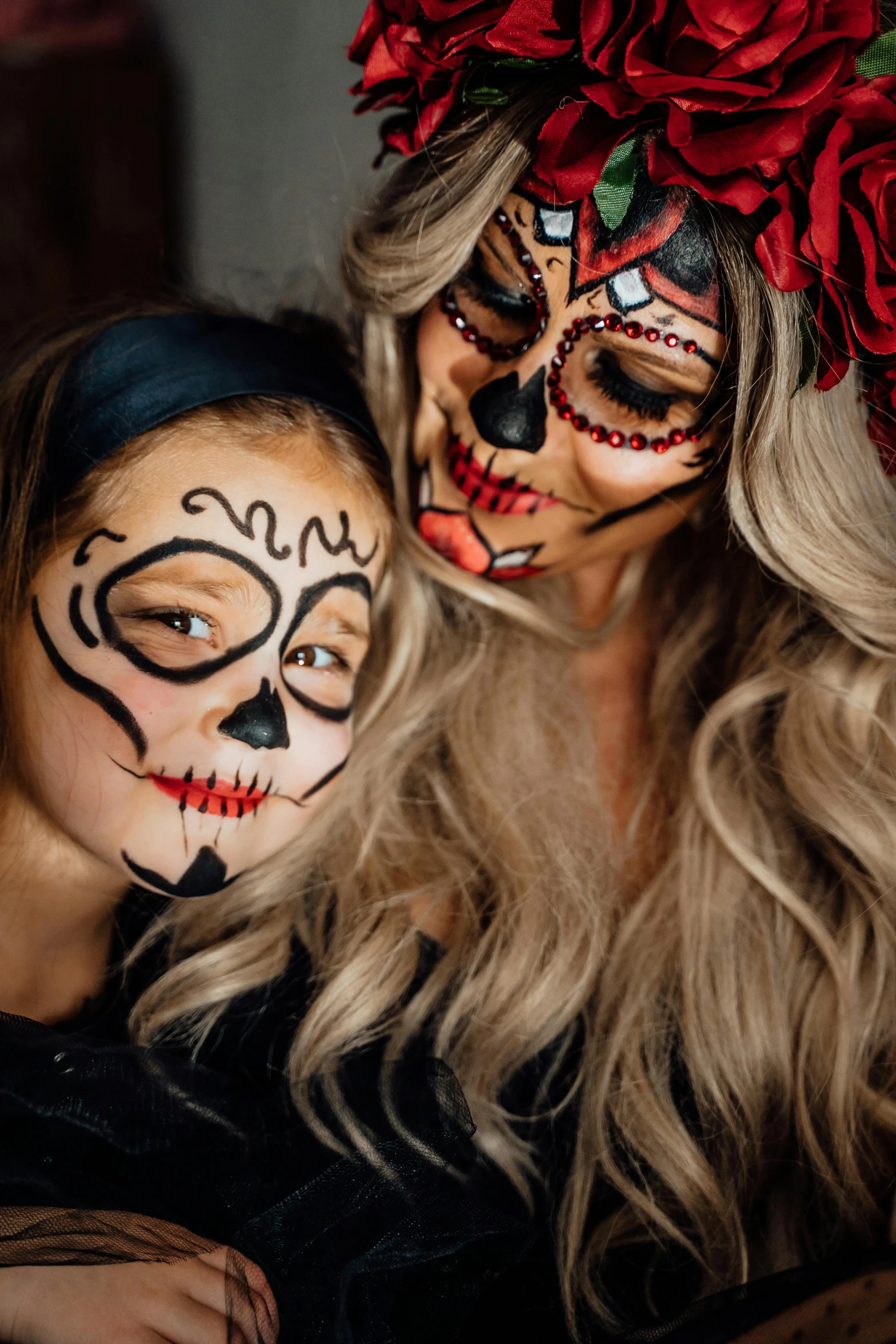 two women dressed up in day of the dead makeup, a portrait, by Julia Pishtar, trending on pexels, kids, mummy portrait, square, chalk