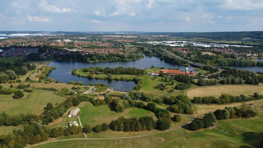 an aerial view shows the buildings and the water