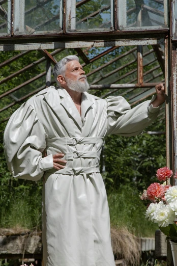 a statue of a man standing in front of a greenhouse, an album cover, inspired by Lajos Vajda, renaissance, overalls and a white beard, at a fashion shoot, wearing! robes!! of silver, midsommar - t