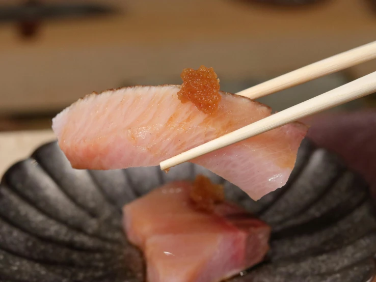 a close up of a plate of food with chopsticks, by Yasushi Sugiyama, fish, gushy gills and blush, 王琛, brown