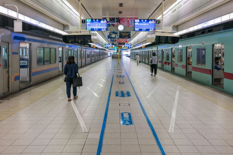 a subway station with people walking on the platform, けもの, marking lines, deserted, 🚿🗝📝