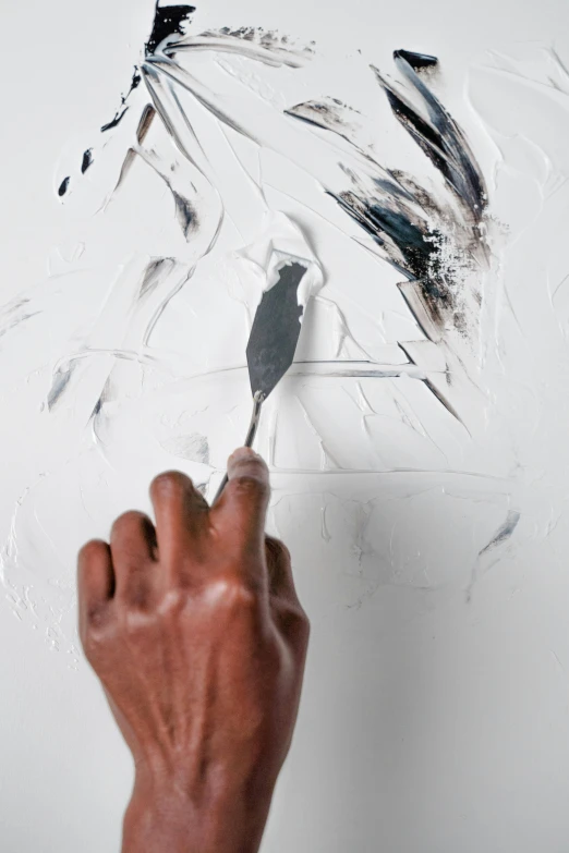 a person using a brush to paint feathers on a wall, a photorealistic painting, inspired by Julio Larraz, trending on pexels, kara walker, dynamic action shot, layered impasto, a painting of white silver