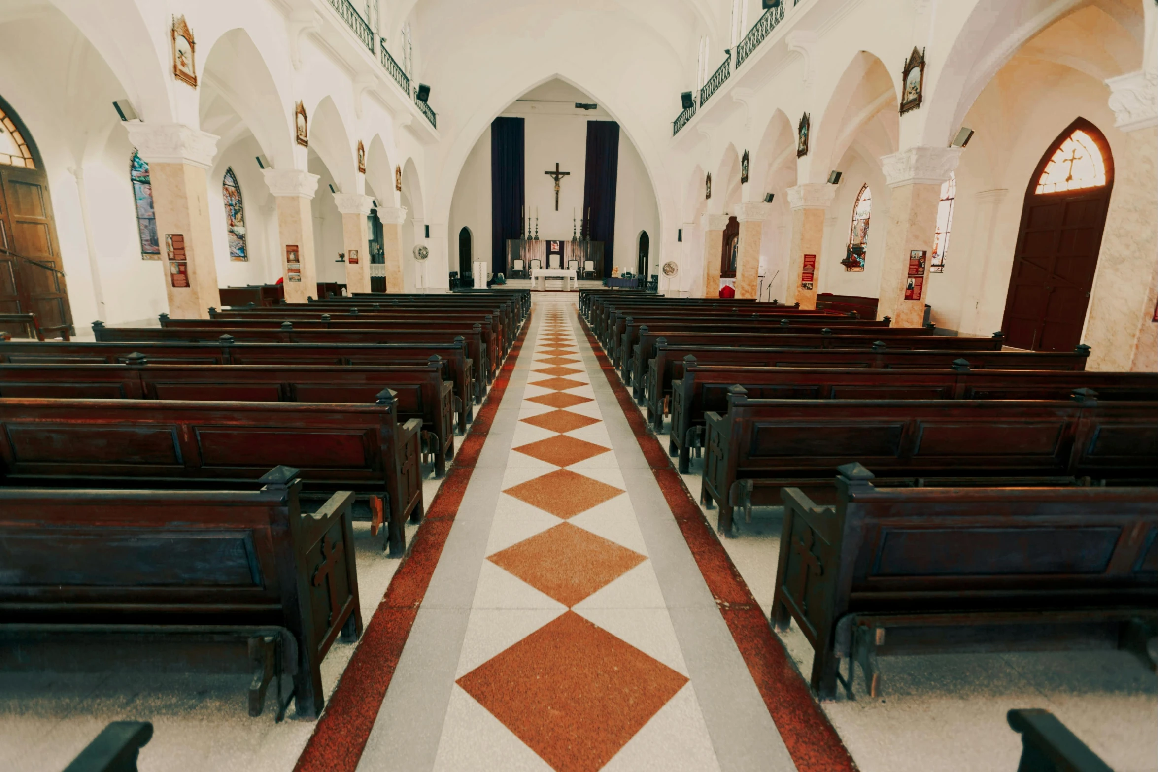 there is a church with stained glass windows