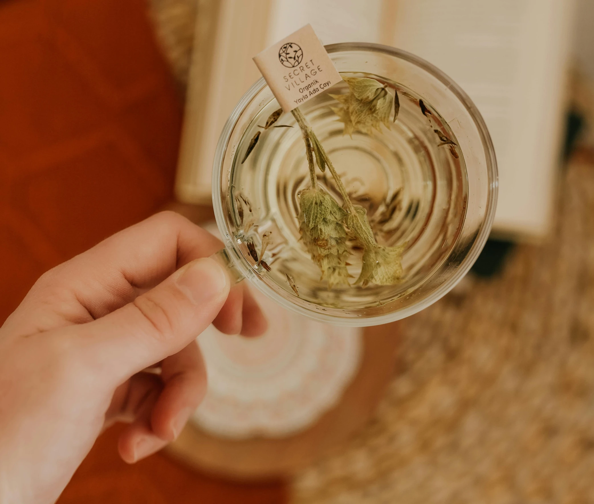 a close up of a person holding a glass of water, a still life, inspired by Elsa Bleda, pexels contest winner, dried herbs, flatlay book collection, green tea, product label
