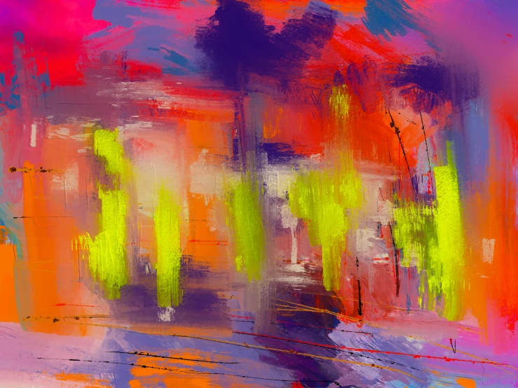 a painting of a vase of flowers on a table, an abstract painting, trending on pixabay, bright neon city lights, digital art - n 9, abstract painting oil on canvas, neon rain