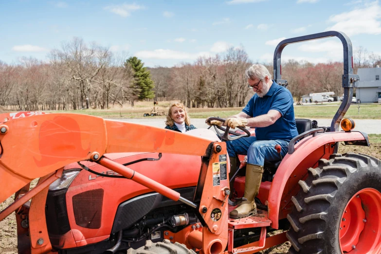 a man riding on the back of a red tractor, millaise and greg rutkowski, pristine and clean, outside in a farm, upon a peak in darien