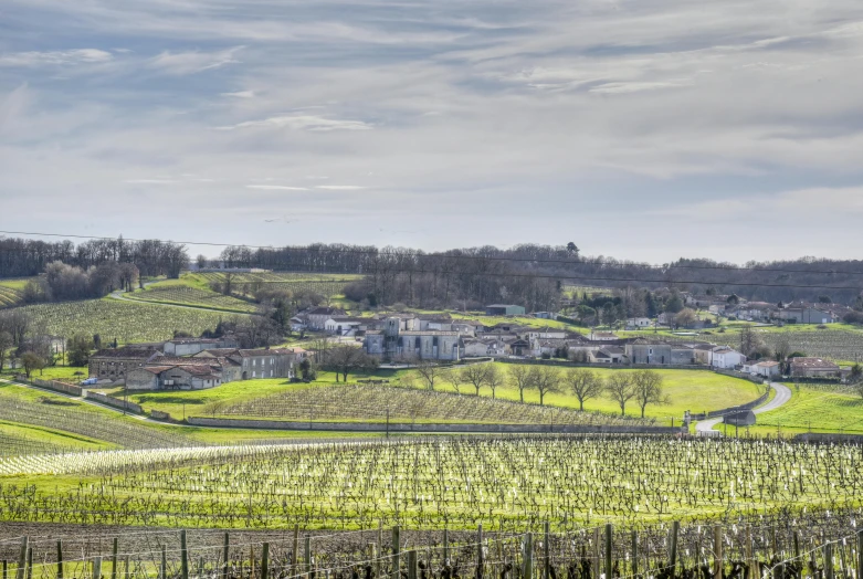 a lush green field with a small town in the distance, by Cedric Peyravernay, pexels contest winner, les nabis, square, wine, thumbnail, february)