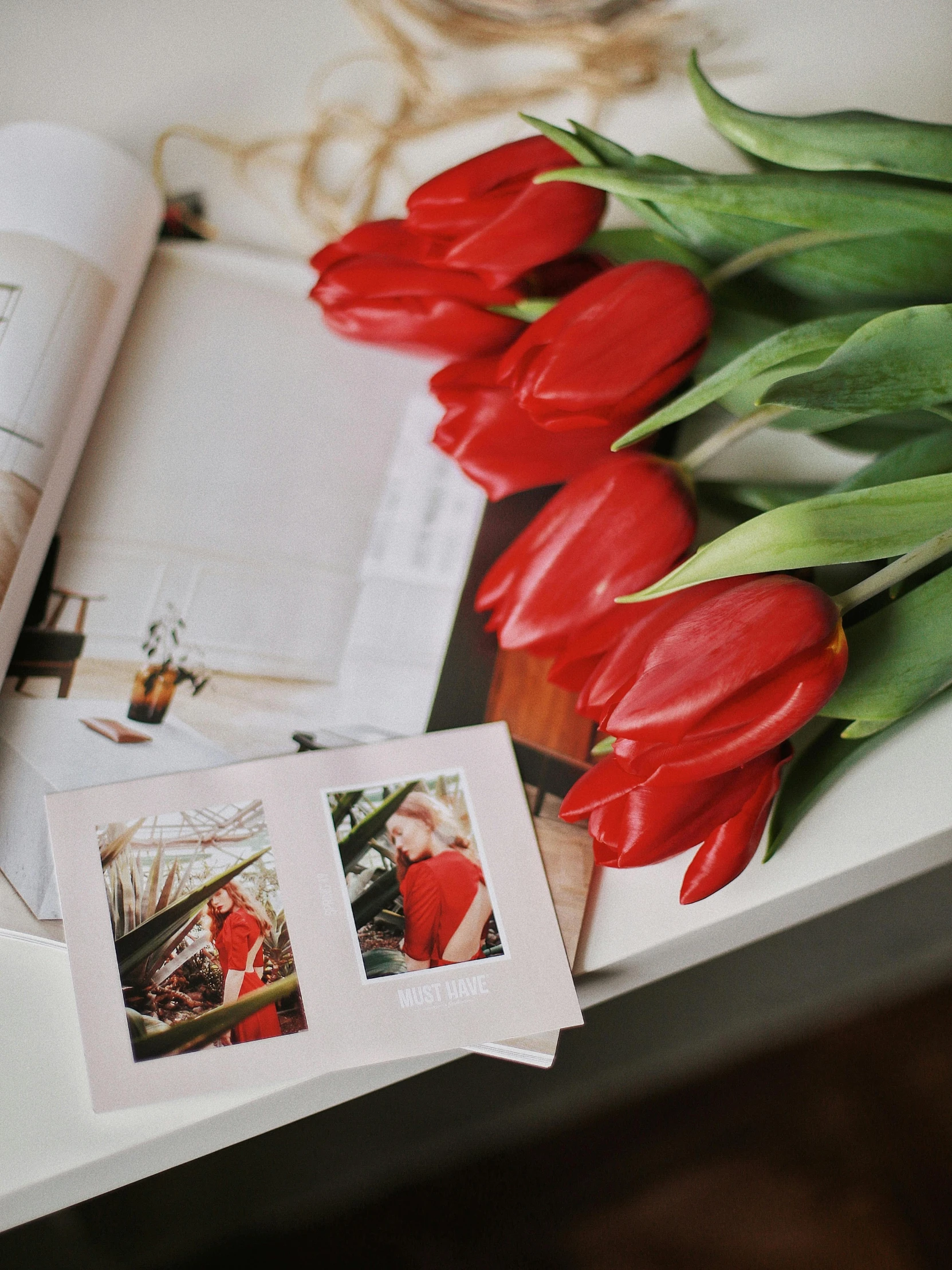 a bunch of red tulips sitting on top of a table, a polaroid photo, silver white gold red details, print on magazine, product image, multiple stories