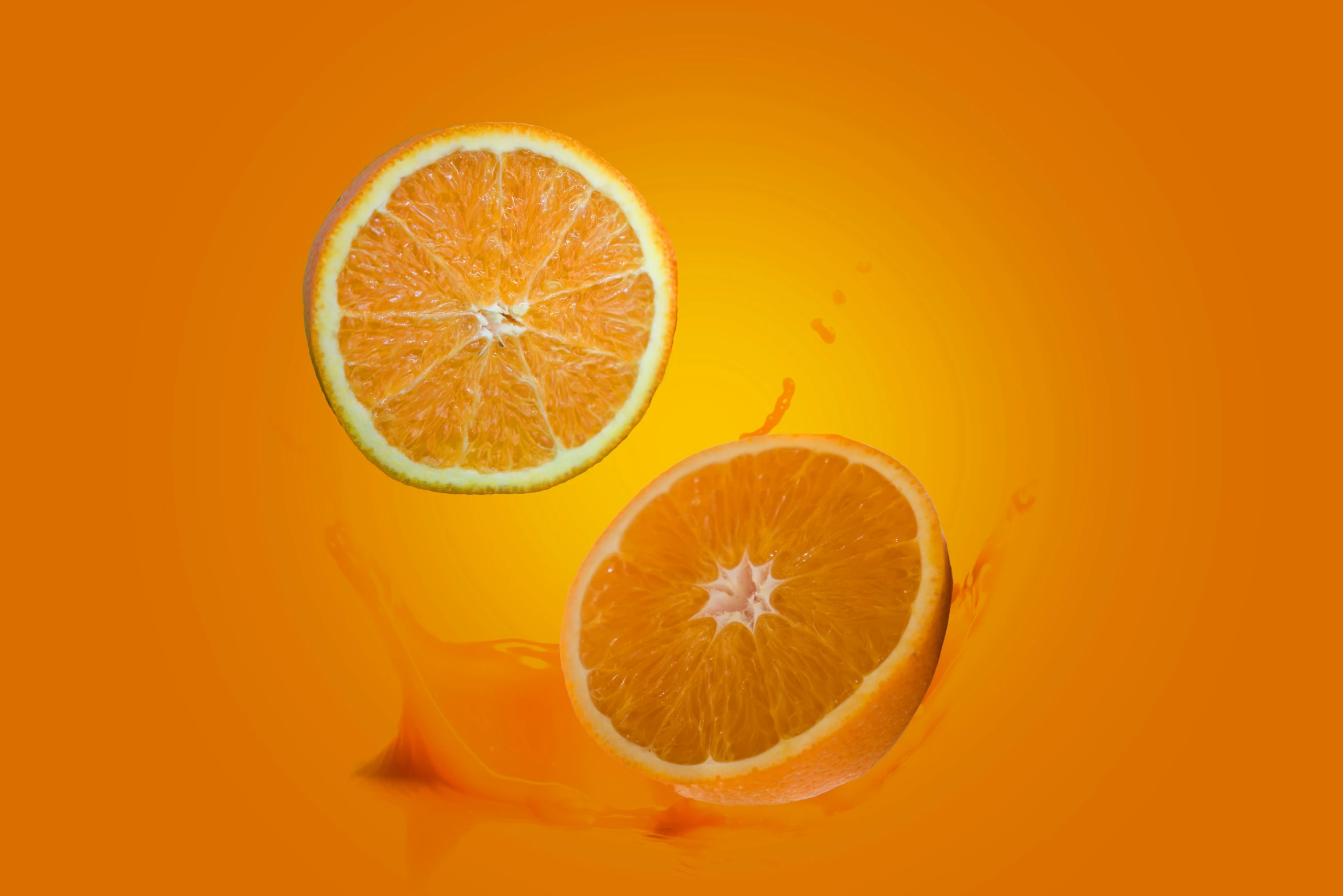 a couple of slices of orange sitting next to each other, by Andries Stock, shutterstock contest winner, photorealism, leaping towards viewer, 🐿🍸🍋, origin jumpworks, yellow-orange