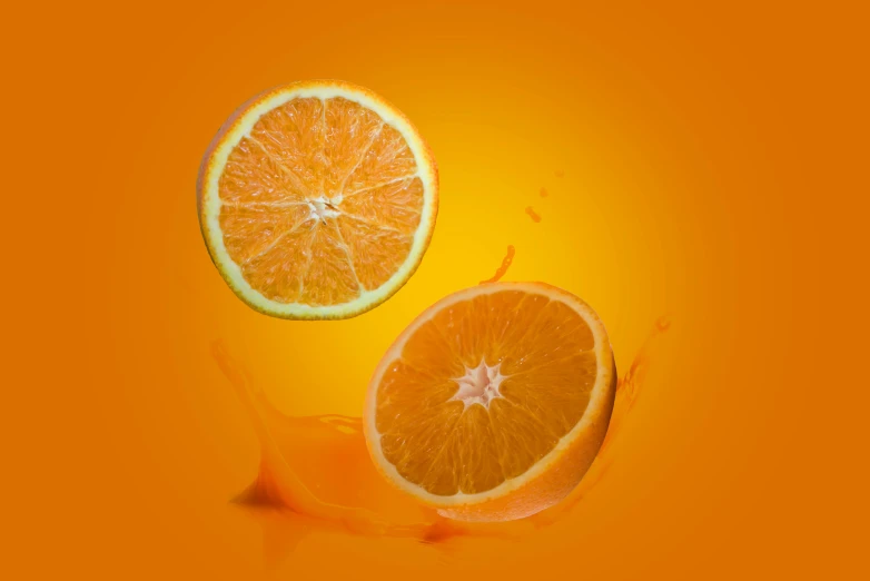 a couple of slices of orange sitting next to each other, by Andries Stock, shutterstock contest winner, photorealism, leaping towards viewer, 🐿🍸🍋, origin jumpworks, yellow-orange