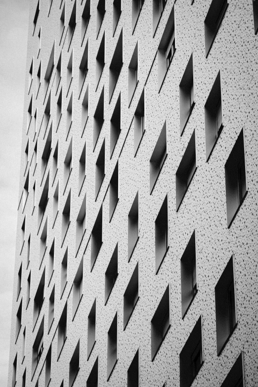 a black and white photo of a tall building, unsplash, brutalism, ffffound, patterned, windows and walls :5, wall ]