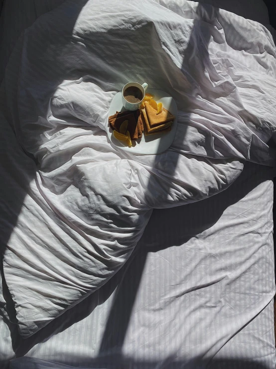 a plate of food sitting on top of a bed, by Rebecca Horn, unsplash contest winner, hyperrealism, sun and shadow, lying in bed!!!! blanket, wrinkles, morning coffee