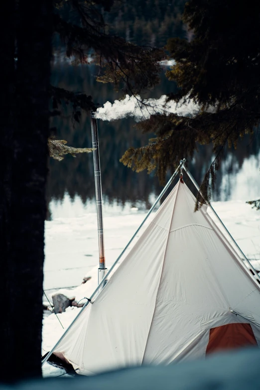 a tent that is sitting in the snow, white steam on the side, wilderness ground, exterior shot, detailing