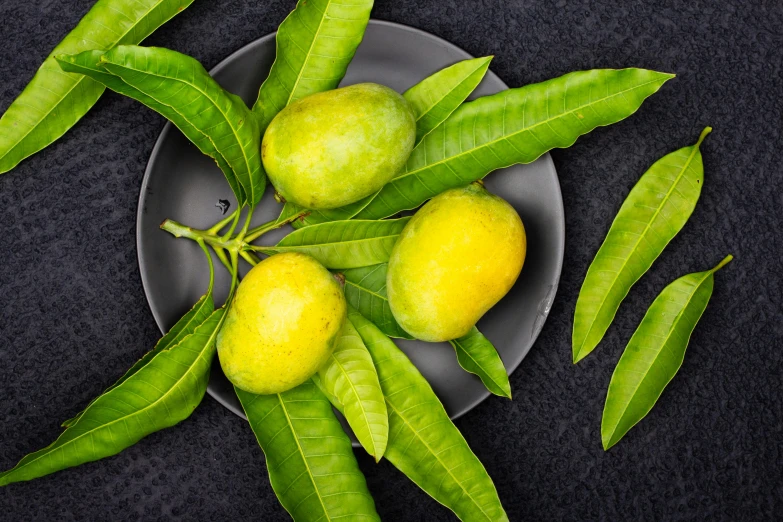 a plate that has some lemons on it, trending on pexels, mango, vegetable foliage, background image, thumbnail