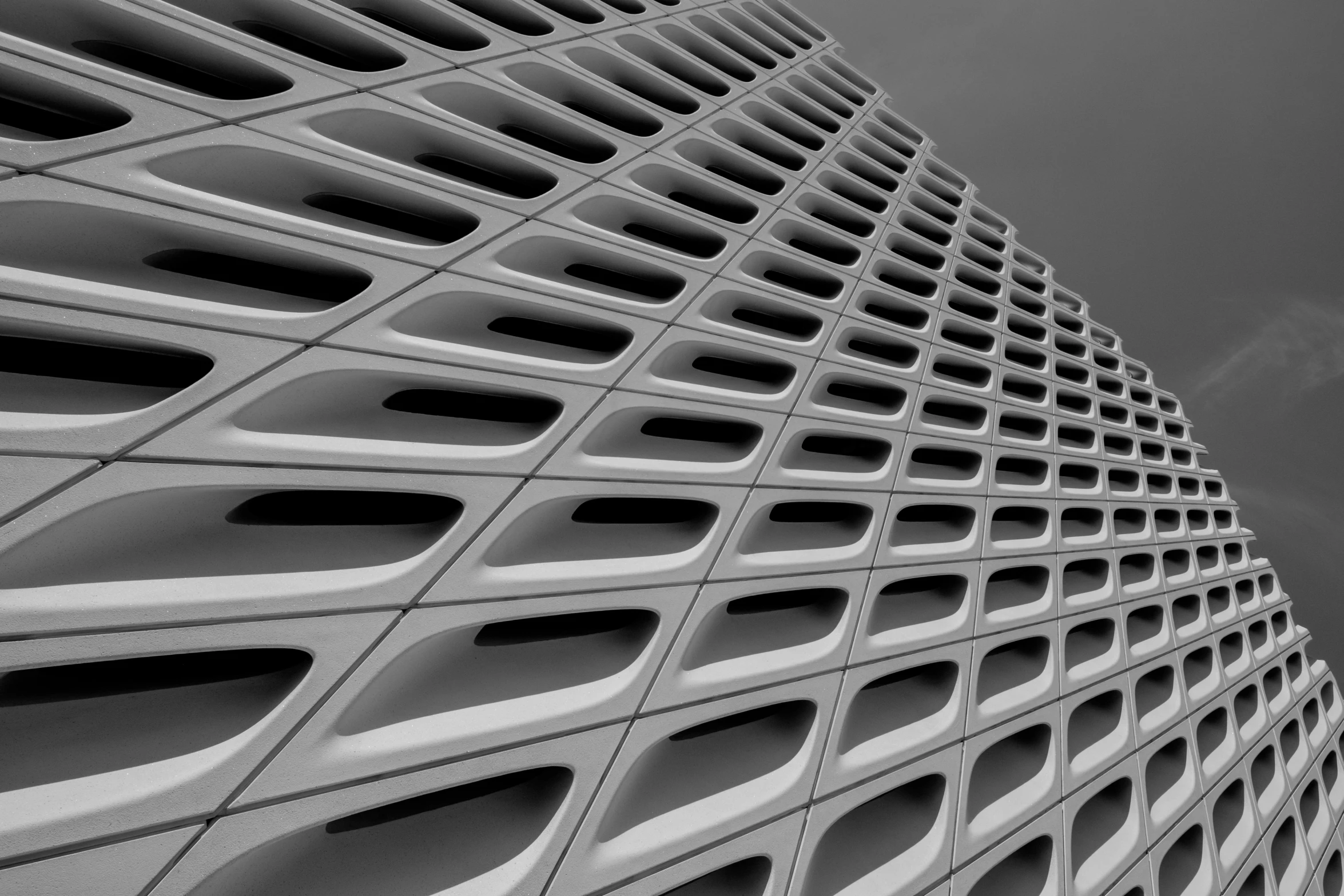 a black and white photo of a building, inspired by Zaha Hadid, unsplash contest winner, op art, los angeles 2 0 1 5, honeycomb structure, gray concrete, lattice