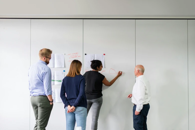 a group of people standing around a white board