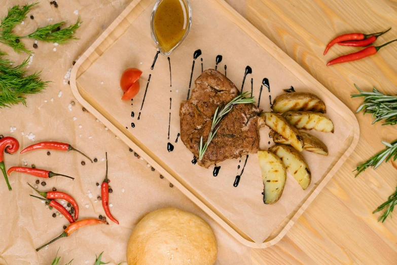 a wooden cutting board topped with meat and vegetables, a picture, by Julia Pishtar, restaurant, background image, komorebi, cardboard