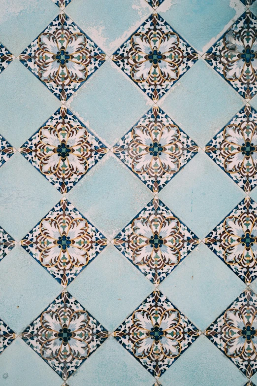 a blue and white tiled floor in a bathroom, unsplash, baroque, 2 5 6 x 2 5 6 pixels, colored analog photography, sao paulo, brown