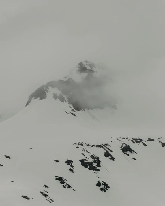 a mountain covered in snow and fog with trees around it