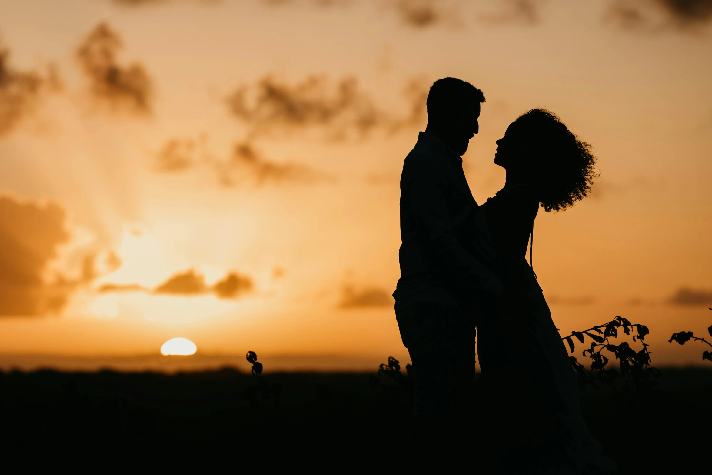 a man and a woman standing in a field at sunset, pexels contest winner, romantic lead, black silhouette, rectangle, vacation photo