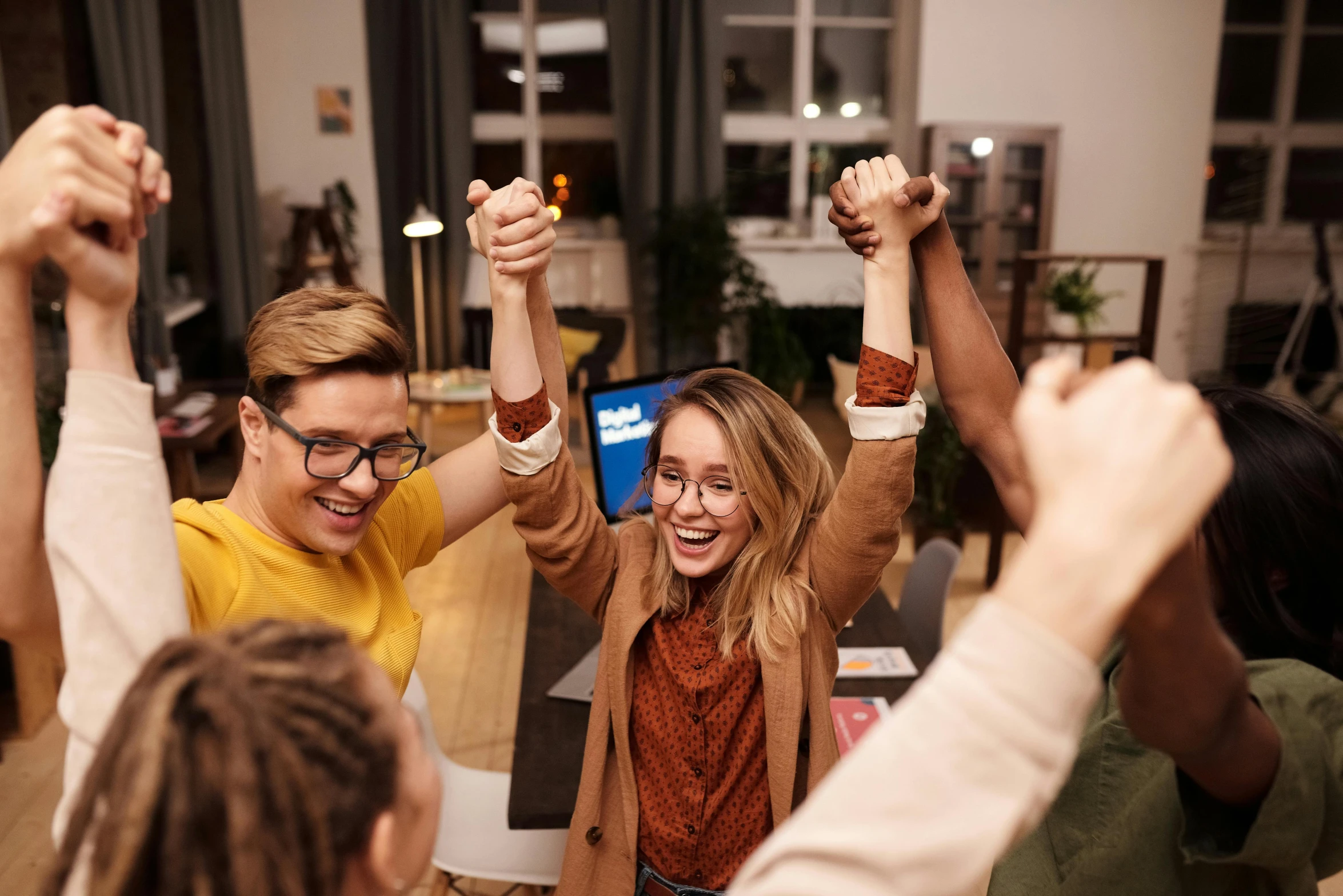 a group of people raising their hands in the air, pexels contest winner, happening, pokimane, clenched fist, joyful people in the house, promo image