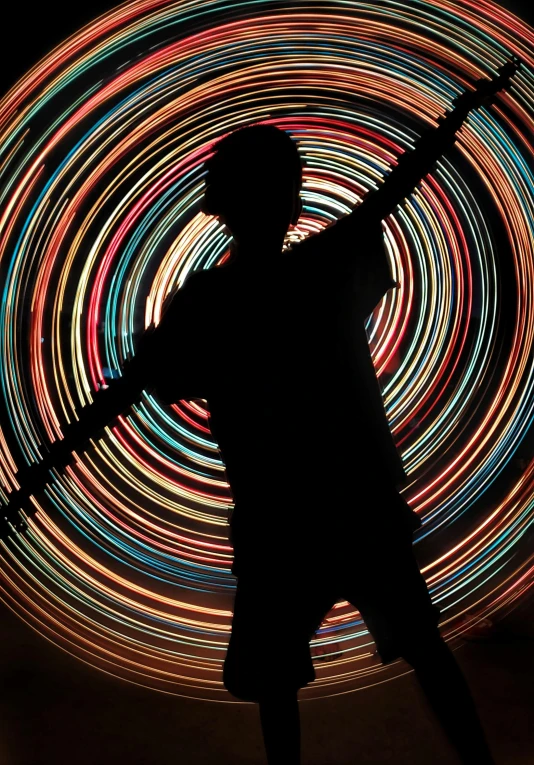 a silhouette of a person holding a tennis racquet, by Jan Rustem, pexels contest winner, kinetic art, glowing spiral background, arms stretched out, multicoloured, stable diffusion self portrait