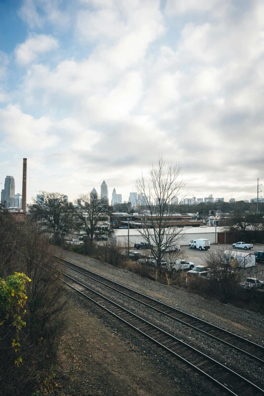 the view of a train station from above the tracks