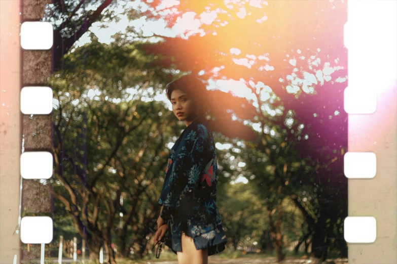 a man riding a skateboard down a street, an album cover, inspired by Elsa Bleda, unsplash, realism, girl walking in forest, asian woman, patterned clothing, with sunset