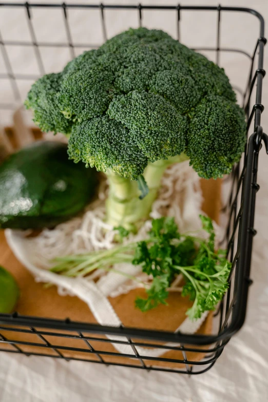 a basket filled with broccoli and other vegetables, medium wide front shot, petite, indoor shot, avocado