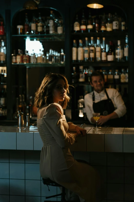 a woman sitting at a bar talking on a cell phone, by Lee Loughridge, pexels contest winner, happening, bartending, medium shot of two characters, haze over the shoulder shot, standing elegantly