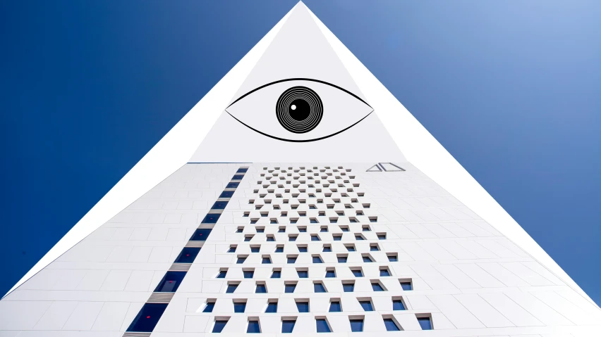 a very tall building with a big eye on it, an album cover, by Julia Pishtar, optical illusion, the eye of providence, big tech corporate art design, white building, futuristic marrakech