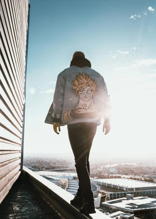 a person standing on the edge of a building, an album cover, trending on pexels, visual art, jean jacket, back light, anime character; full body art, wearing a fancy jacket