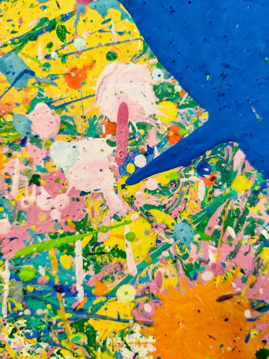 a blue umbrella sitting on top of a field of flowers, inspired by Tomokazu Matsuyama, action painting, close-up print of fractured, splatter paint on paper, on a yellow canva, ( ( extreme detail ) )