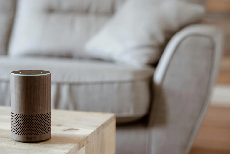 a smart speaker sitting on top of a wooden table, by Julian Allen, trending on pexels, sitting on the sofa, echo from overwatch, brown, alexa grace