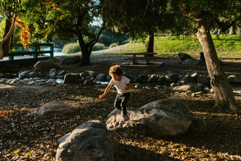 a young boy standing on a rock in a park, by Peter Churcher, unsplash, running towards camera, picnic, mechabot, rocky roads
