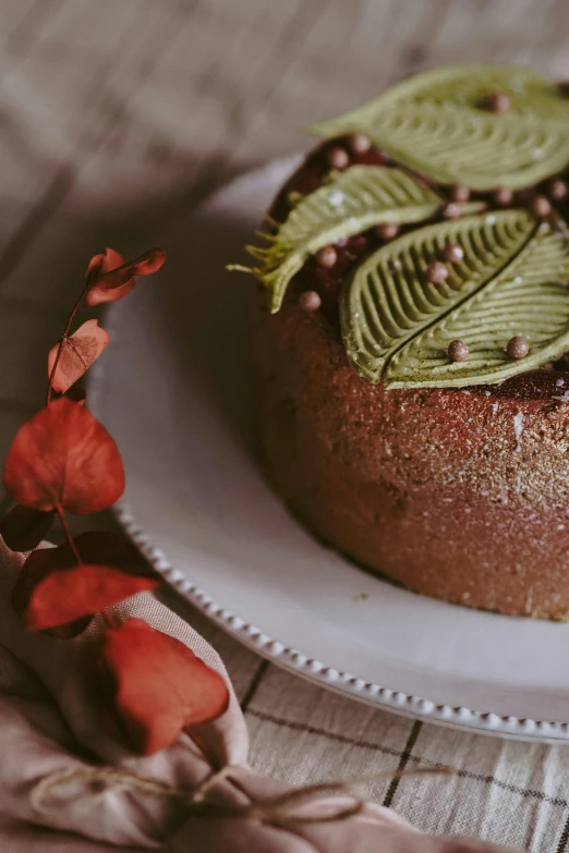 a cake sitting on top of a white plate, inspired by Elsa Bleda, unsplash, renaissance, made of leaves, holiday season, grain”, retro style ”